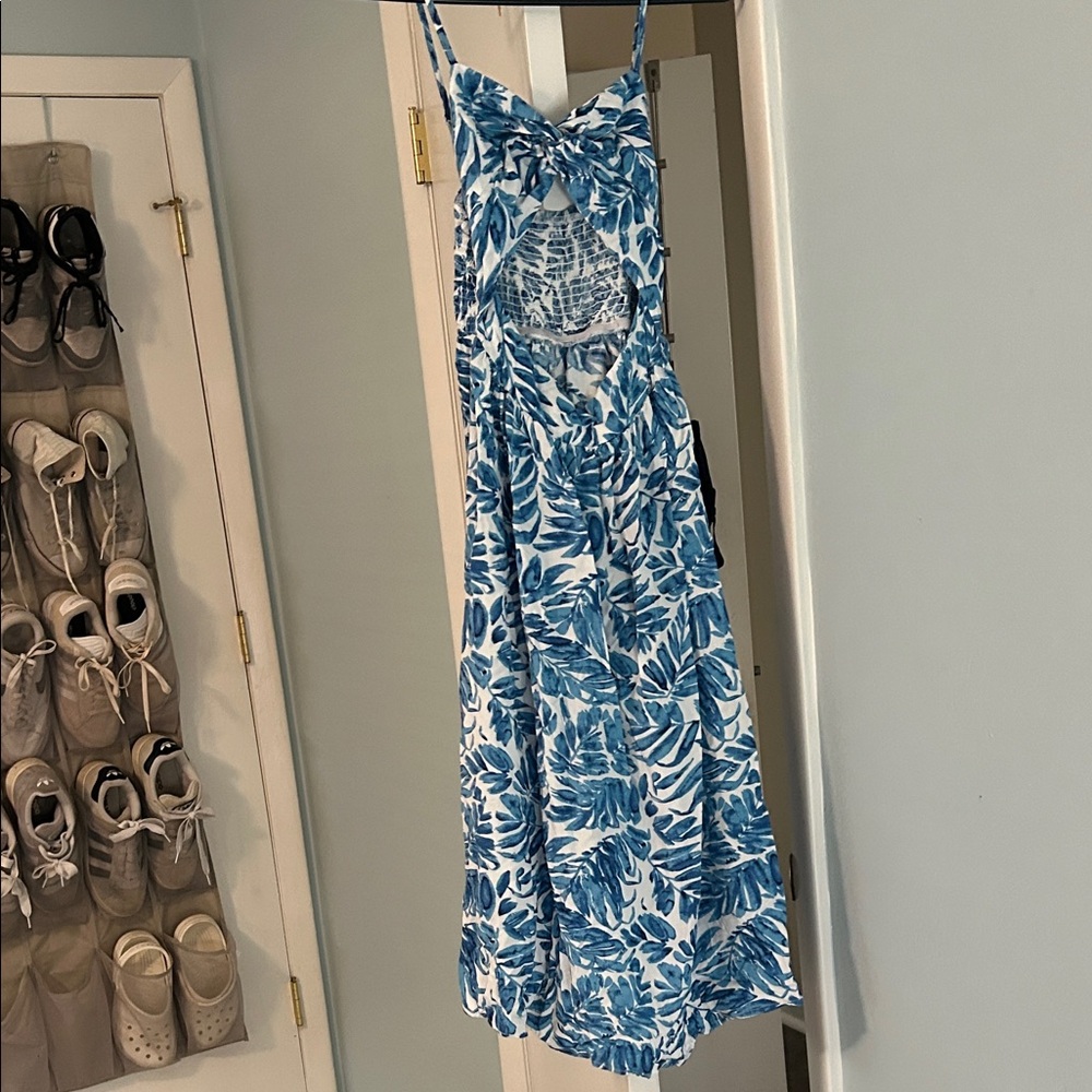 Blue and White Leaf Print Dress